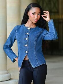 Mima John Women's Blue Denim Jacket With Round Neck, Long Sleeves And Waist, Decorated With Metal Buttons, Suitable For Korean-Style Workplace Wear In Autumn Winter Casual Spring - Dark Wash - View 5