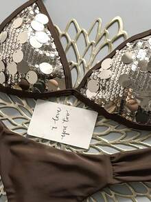 Swim Mod Summer Beach Women 2pcs Champagne Gold Sequin Fabric Triangle Tie Top & Ruched Bikini Bottoms Swimsuit Set - Brown - View 4