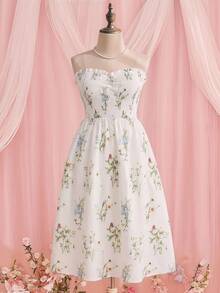 Sweetness Plus Size Women Floral Print Bustier Design Midi Dress Beach Vacation White Summer - White - View 6