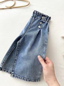 LMoss Kids Celana Panjang Denim Longgar Berlipit Kancing Kasual Serbaguna untuk Bayi Perempuan - Medium Wash - View 8