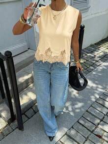 Siren Gaze Women's Summer Casual Solid Color Contrast Lace Round Neck Tank Top - Light Yellow - View 4
