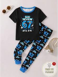 [Randomly Shipped 1 Set]Young Boys Pajamas Spring/Summer New Glow-In-The-Dark Hot-Selling Elements Universe, Rocket, Astronaut, Fun Digital Human 67 Combination Pattern Print, Knitted Tight Fit High Elastic Fabric Short Sleeve Long Pants Pajama 2-Piece Set Tight Fit Pajama (Randomly Shipped) 1 Set Will Be Shipped At Random - Multicolor - View 8