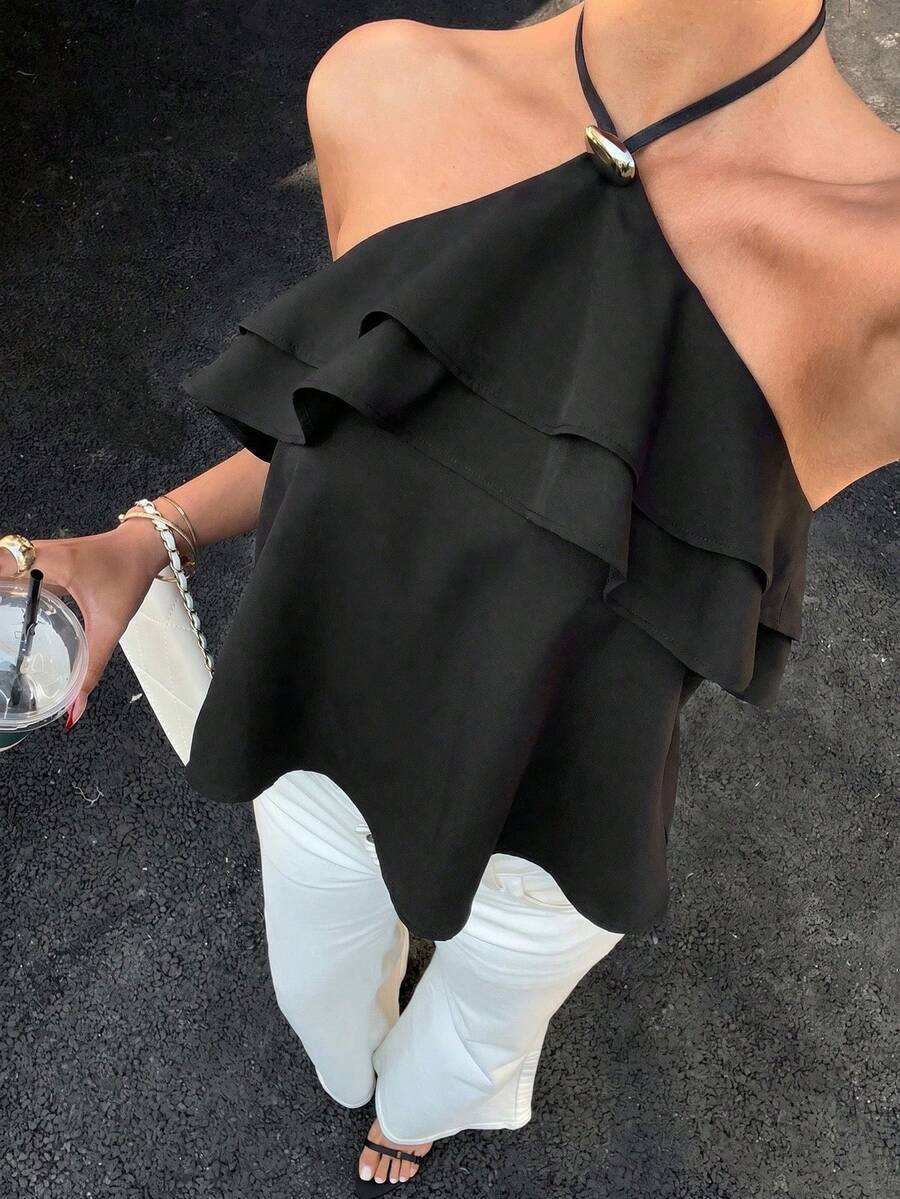 Siren Gaze Sexy Ruffled Backless Halter Neck Top For Summer,Summer Top - Black - View 1