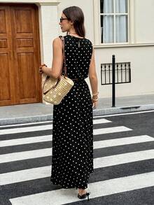 Serisse 女款夏季休閒度假風圓點印花無袖上衣與開衩寬腿長褲2件組 - 黑色 - 查看 7