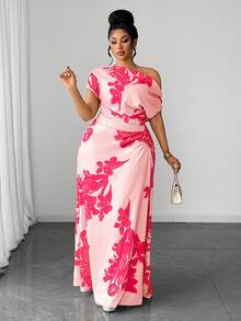 Maweii Plus Size Floral Print One Shoulder Ruched Waist Slimming Outing Vacation Dress - Baby Pink - View 3