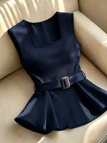 Franclia Women's Elegant Commuter Square Neck Ruffle Hem Camisole Top, Summer - Navy Blue - View 1