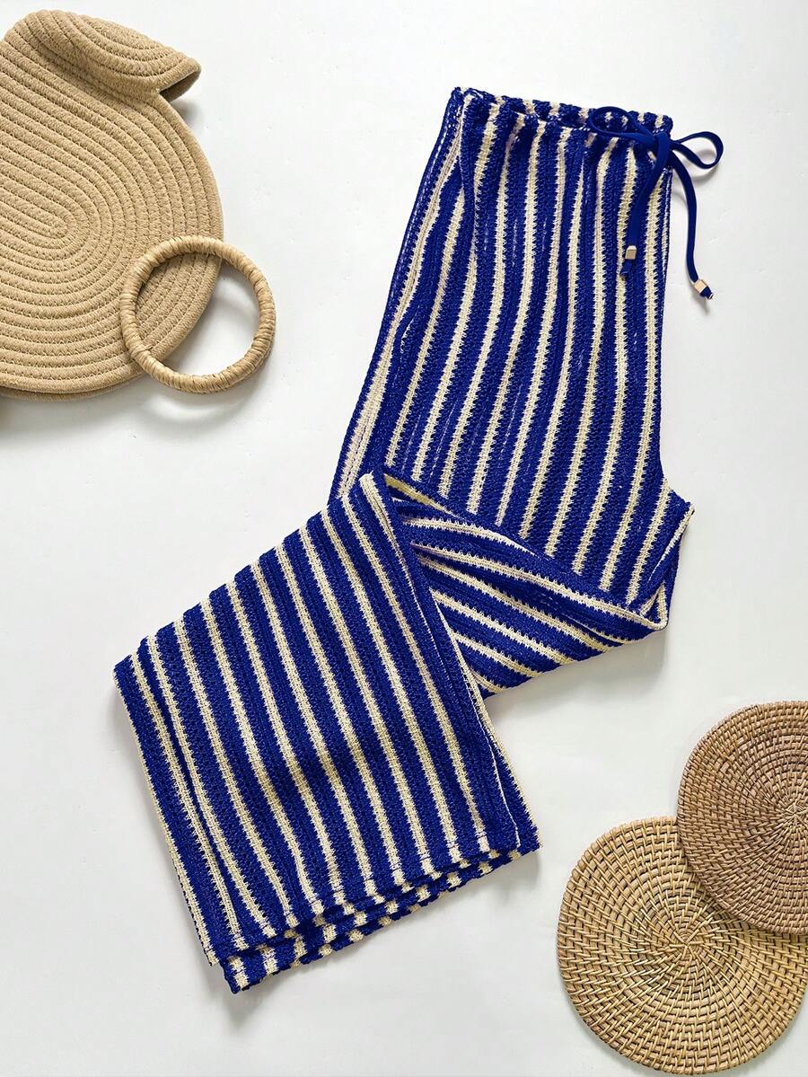 SHEIN Swim 女款抽繩腰條紋拼接休閒度假旅行罩衫長褲 - 藍色 - 查看 1