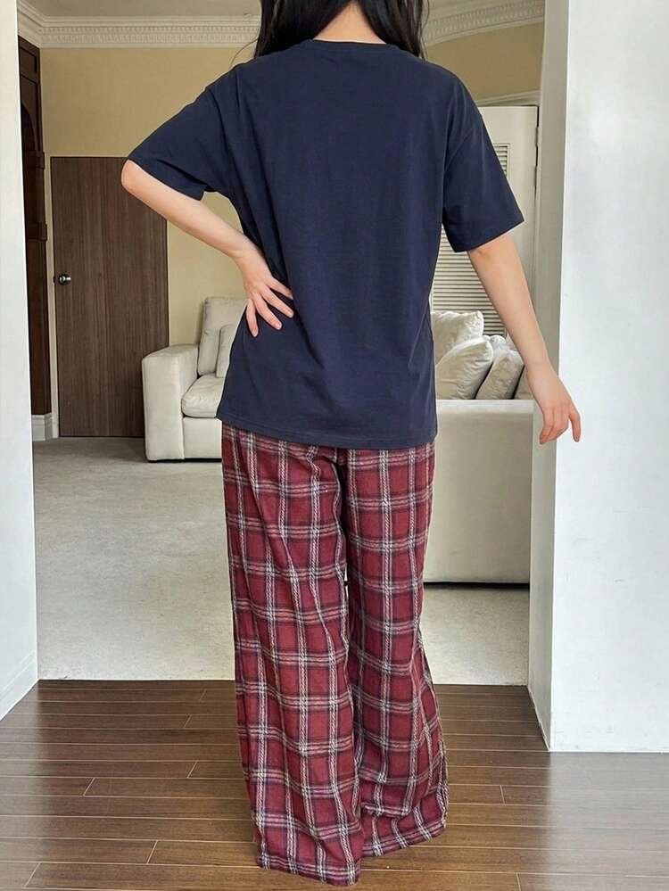 2pcs/Set Women's Summer Pajama Set, Loose Solid Color Short Sleeve T-Shirt & Plaid Loose Straight Leg Long Pants