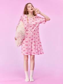SHEIN Women's Short Sleeve Round Neck Striped Nightgown - Pink - View 1