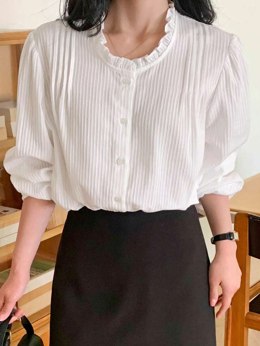 DAZY 寬鬆條紋長袖休閒度假夏季女款襯衫 - 白色 - 查看 1