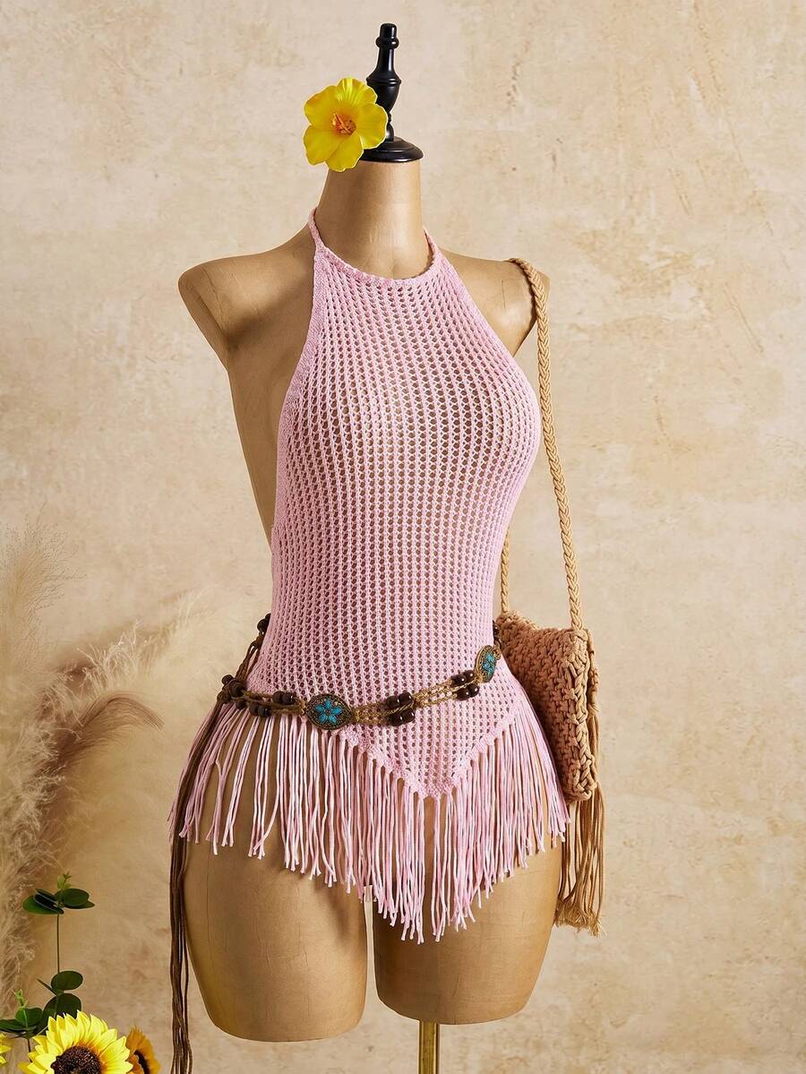 Bellisia 26SS Pink Halter Backless Sexy Boho Tropical Mature Mini Dress With Shell Tassel Suitable For Beach Vacation Summer - Pink - View 1