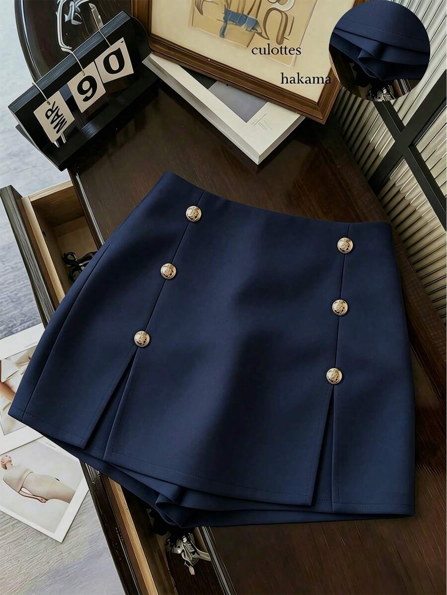Franclia Women's Solid Color Metal Button Design Split Hem Skort - Navy Blue - View 1