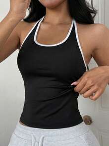 DAZY Sujetador deportivo con capa interior acolchada y recorte de contraste sin mangas para mujeres - Negro - Ver 3