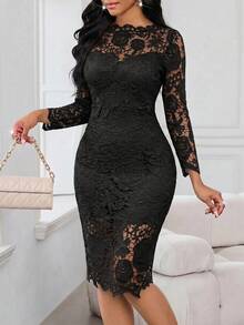 SHEIN Lady Vestido Elegante de Moda Ajustado com Manga Longa e Renda de Cor Sólida para Mulheres - Preto - Visão 4