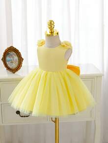 SHEIN Glamorique Kids 女嬰黃色緞面網紗正式禮服，3D花朵裝飾、大蝴蝶結背部、蓬蓬裙，適合婚禮、生日派對花童，夏季優雅款 - 黃色 - 查看 6