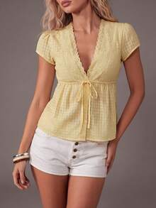 TRNVIE Women's Plaid Lace Patchwork Tie-Up Button Shirt Vacation Light Yellow Summer Cute Brunch Boho - Pale Yellow - View 4