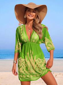 Swim Lushoire 女款夏季網格印花V領收腰優雅度假沙灘罩衫洋裝 - 綠色 - 查看 5