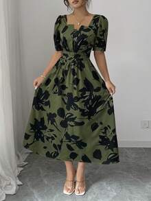 Vestido de vacaciones elegante de manga corta con estampado para mujer - Negro - Ver 9