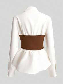 Elenzga Plus Size Women's Summer Elegant Elegant Lapel Long Sleeve Design Brown Patchwork Waist-Cinching Shirt And High Waist Long A-Line Skirt Casual Slimming Daily Commute Two Pieces Set - Brown - View 3