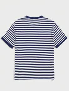 NORVETH Camiseta de cuello redondo de ajuste slim con rayas para hombre, de verano - Azul Marino - Ver 2