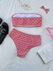 Swim Mod 2pcs/Set Women's Springbreak Beachwear Summer Outfits, Random Print Bandeau Top And High Waist Swim Shorts Beach Vacation Bikini Set - Pink - View 5