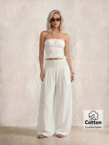Sinnesro Off-White Autumn Casual Boho Vacation Holiday Linen Trousers,Spring/ Essential Stylish Versatile Retro Style Commuting Fashionable Beach Seaside ,Petite Women - White - View 6