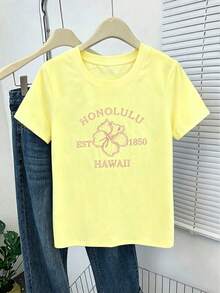 Franclia Plus Size Women's Versatile Embroidered Round Neck Short Sleeve T-Shirt - Yellow - View 3