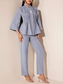 Veilorie Women's Starfish Decor Pleated Long Sleeve Shirt And Casual Pants Arabic Style Set - Blue - View 3