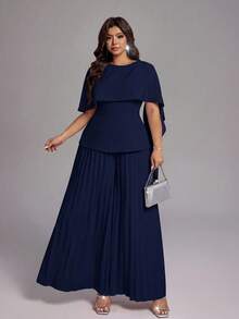 Viva Relle Plus Size Women's Spring/Summer New Light Luxury Banquet Style Bean Paste Pink Jumpsuit, Asymmetric Shawl Waist-Cinched Pleated Wide-Leg Pants. Suitable For High-End Evening Parties, Wedding Guests, Red Carpet Shows, Light Luxury Banquet Style Fashion Apparel - Navy Blue - View 5