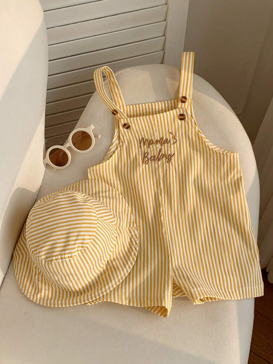 SHEIN 2件/組 中性嬰兒服裝,男嬰女嬰夏季休閒可愛黃色格紋吊帶褲與黃色格紋水桶帽,吊帶褲套裝,格紋套裝,可愛吊帶褲 - 彩色 - 查看 1