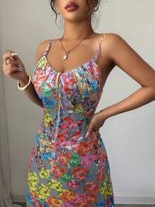 Selianne Abito da donna elegante alla moda da pendolare casual comodo affascinante vintage minimalista di alta gamma romantico per vacanze e festività senza maniche con spalline sottili vita arricciata orlo a A estivo caldo colorato con stampa floreale in raso lucido (stampa casuale) - Multicolore - Visualizzare 6