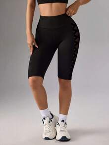 Slayform Quần short thể thao nữ cạp cao màu đen lưới bán xuyên thấu có túi đựng điện thoại, quần Bermuda tập luyện đạp xe ngoài trời - màu đen - Xem 4