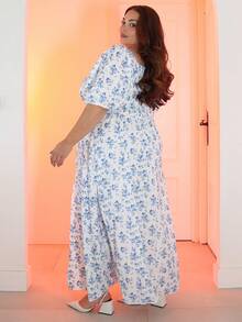 Pretty and Ole 加大码夏季优雅碎花高开叉连衣裙 - 藍白色 - 查看 3