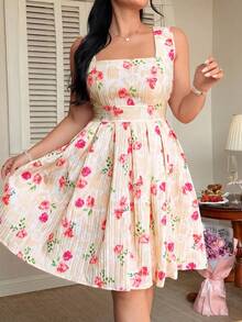 FleurLily Vestido de mujer de talla grande con tirantes anchos, cintura alta y falda acampanada - Albaricoque - Ver 3
