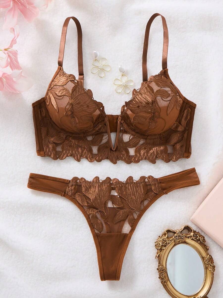 Divavoom 2pcs French Classic Coffee Brown V-Shape Bra Set Wedding Guest Summer - Coffee Brown - View 1
