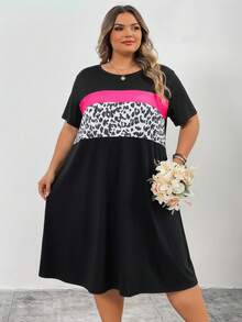 SHEIN CURVE+ Patchwork Leopard Print Loose Knit Stretchy Dress - Multicolor - View 7