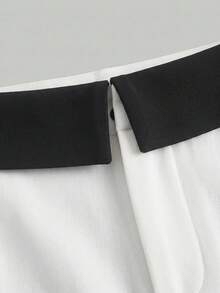 SHEIN MOD 大尺碼簡約休閒優雅通勤拼接色摺腰寬腿褲 正式辦公室早午餐晚餐 黑白配色夏季 - 白色 - 查看 3