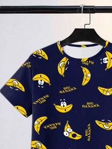 Tween Boys Pajamas, Spring/Summer New Fashion Hot-Selling Fun Banana Print Knit Snug Fit High Elastic Fabric Short Sleeve Shorts 2-Piece Set Loungewear Pajama Set - Royal Blue - View 5