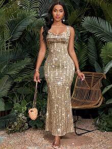 SHEIN Lady Women's Square Neck Sequin Mermaid Hem Long Party Dress - Multicolor - View 6