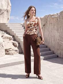 MOTF PREMIUM WOMEN'S LINEN BANANA PANTS, AUTUMN GOLF PASTAL GIRLISIM - Brown - View 4