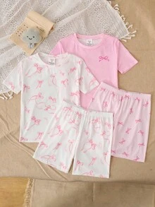 SHEIN Tween女孩休閒極簡修身舒適圓領短袖長褲家居服套裝，適合春夏，貼身剪裁，4件/套，甜美可愛愛心印花與蝴蝶結莓果印花，粉色兒童家居服套裝 - 粉色 - 查看 4