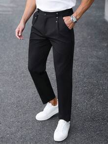 Manfinity Mode Men's Black Pleated Dress Pants,Summer Business Casual Smart Office Wear With Decorative Stitching,Suitable For Workplace,Dating,And Gifting - Black - View 6