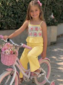 Emery Rose Kids Emery Rose Kids 两件套女童纯色梭织吊带背心和长裤套装 - 黃色 - 查看 2