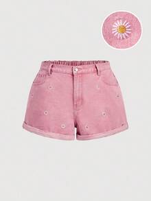 Sweetra Quần short nữ cỡ lớn thêu hoa hướng dương tối giản màu hồng - Hồng - Xem 1