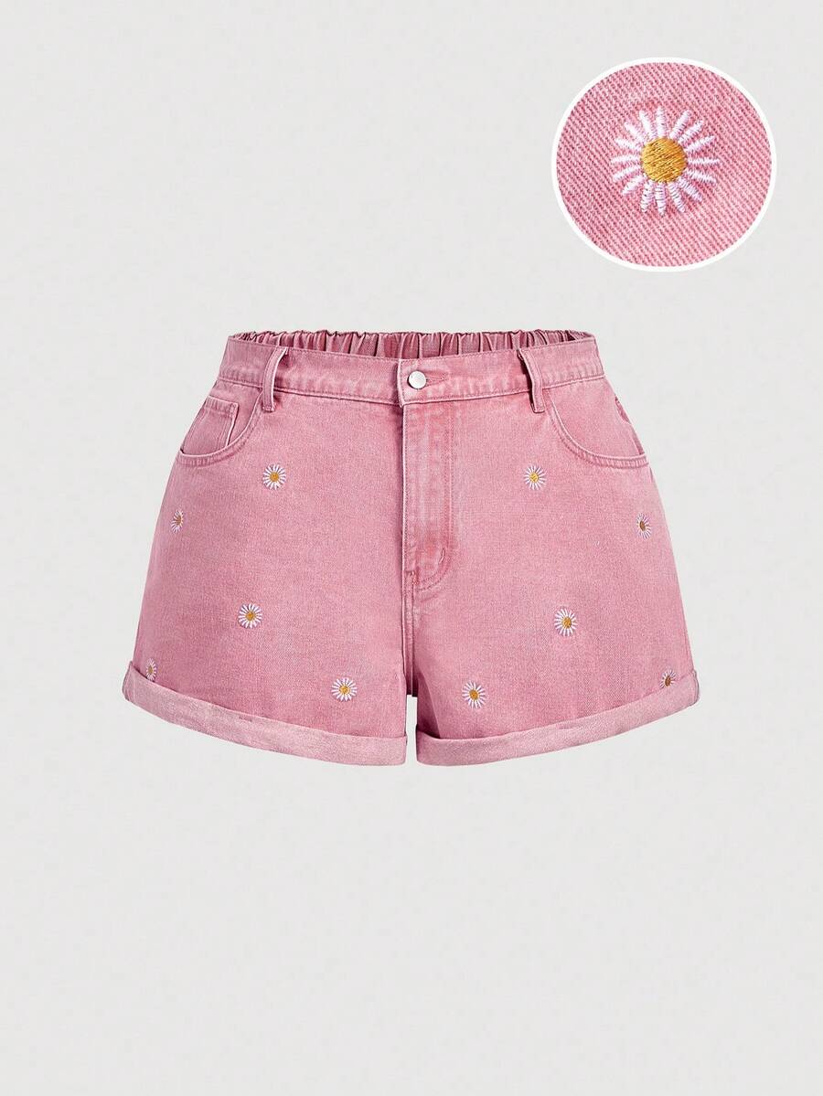 Sweetra Quần short nữ cỡ lớn thêu hoa hướng dương tối giản màu hồng - Hồng - Xem 1