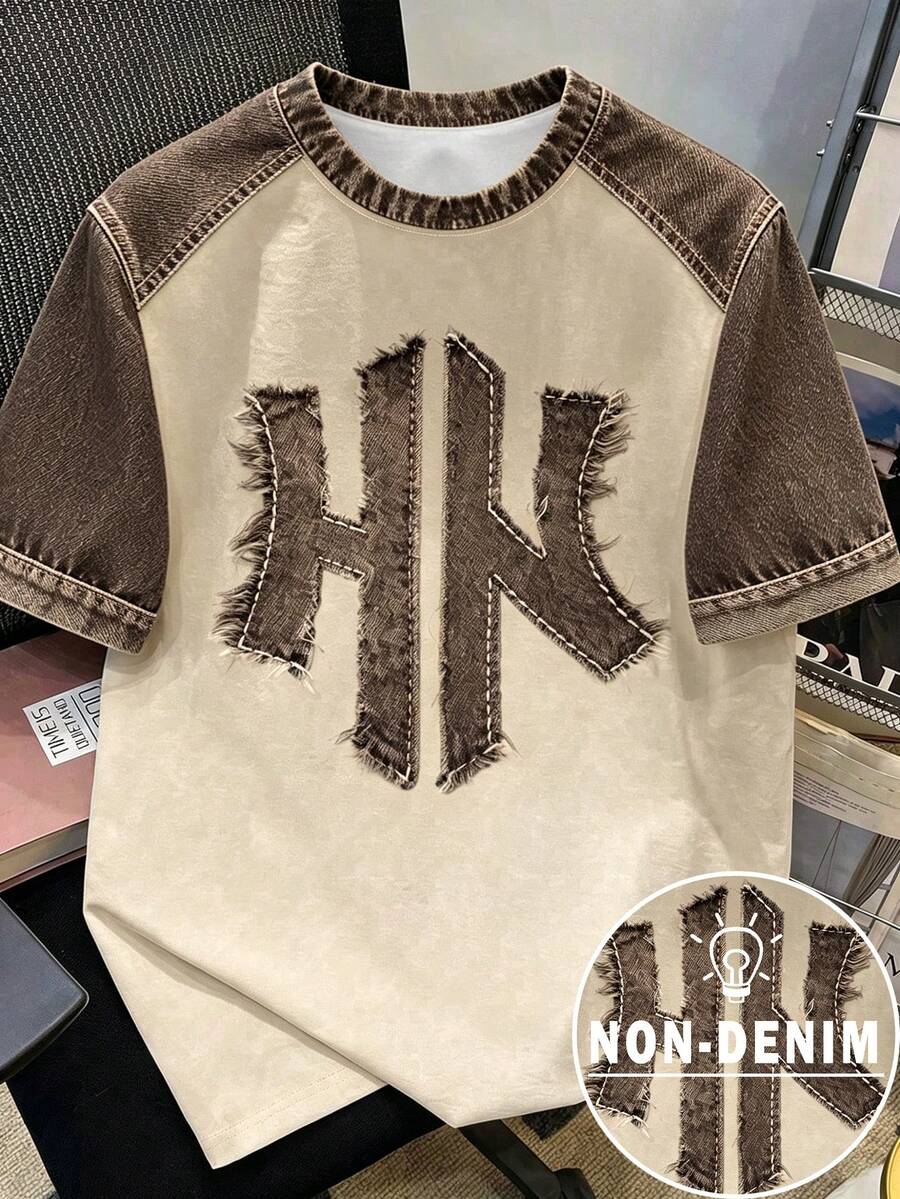 Manfinity Hypemode 美式復古配色落肩短袖HK字母印花T恤，圓領T恤，街頭風，度假款 - 彩色 - 查看 1