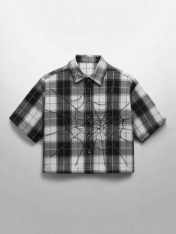 NEON BLANC Men's Retro Streetwear Casual Plaid Front Button Short Sleeve Shirt, Summer Vacation Black And White Plaid