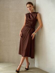 MOTF PREMIUM SPRING/SUMMER ASYMMETRIC NECKLINE ELEGANT EMBROIDERED DRESS - Coffee - View 7