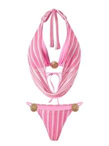 Swim Oasis 女款 26 春夏新款鉤編布料垂領露背三角上衣，貝殼金屬裝飾，三角比基尼泳褲，側開衩緊身裙，高級 3 件套 - 粉色 - 查看 4