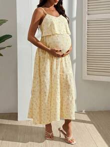 SHEIN Vestido de maternidad con estampado floral, volantes en el bajo y tirantes para lactancia - Amarillo - Ver 3